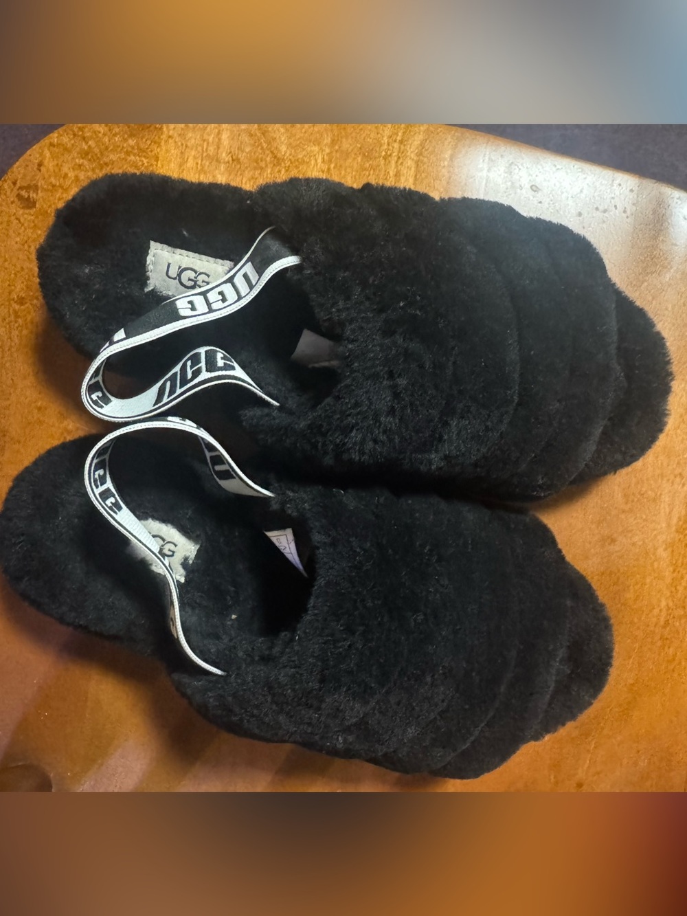 UGG Black Shearling Slide Sandals with Logo Strap Women’s size 9